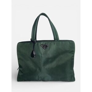 Prada Tessuto Nylon Tote Bag Forest Green Triangle Logo Zip Top Handbag
